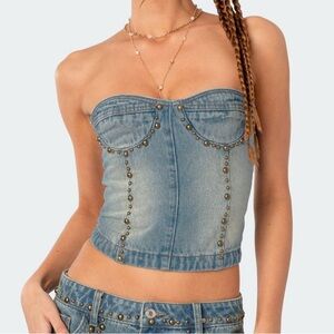 Edikted Studded Washed Denim Lace Up Corset